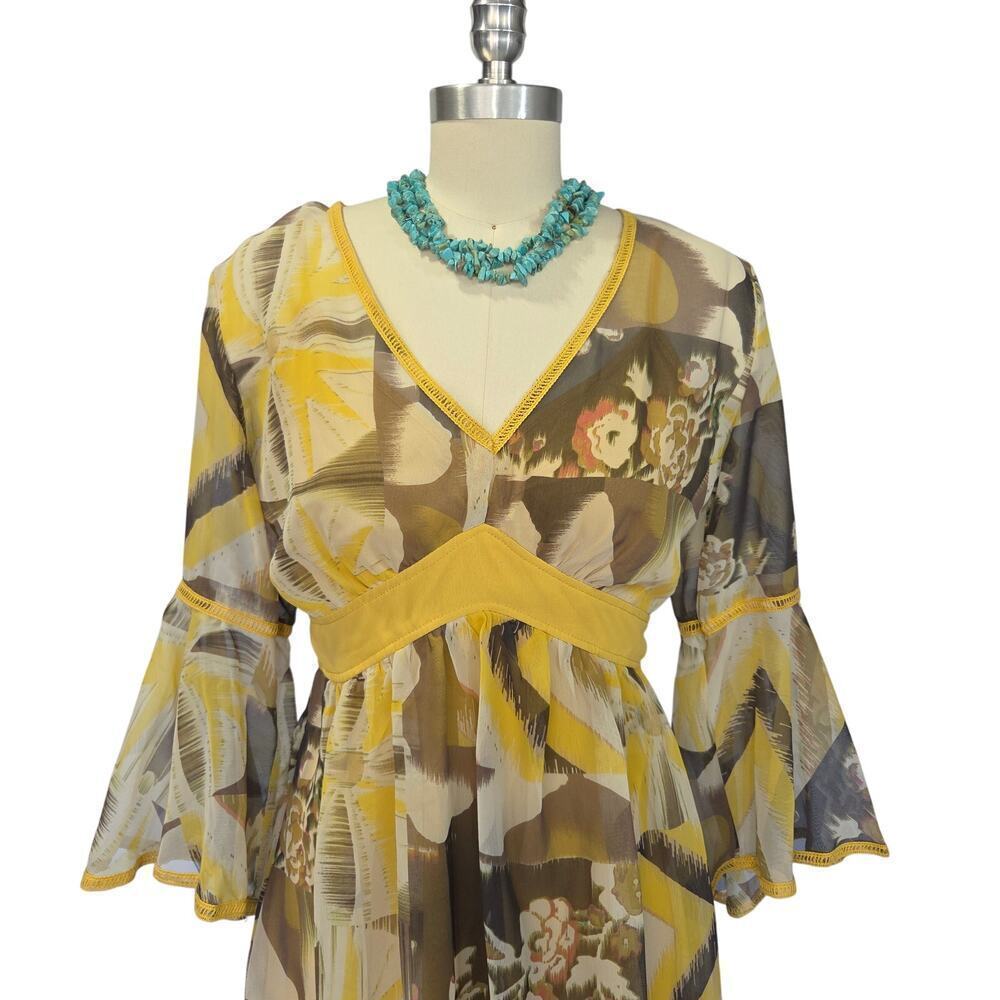Vintage 90s does 70s biyaycda Dress Size 10 Yellow Boho Bell Sleeve Chiffon - Picture 3 of 9